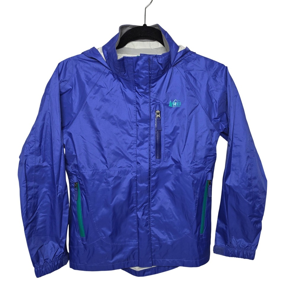REI Co-op Kids Blue Rain Jacket Hooded Ripstop Shell Size M 10-12